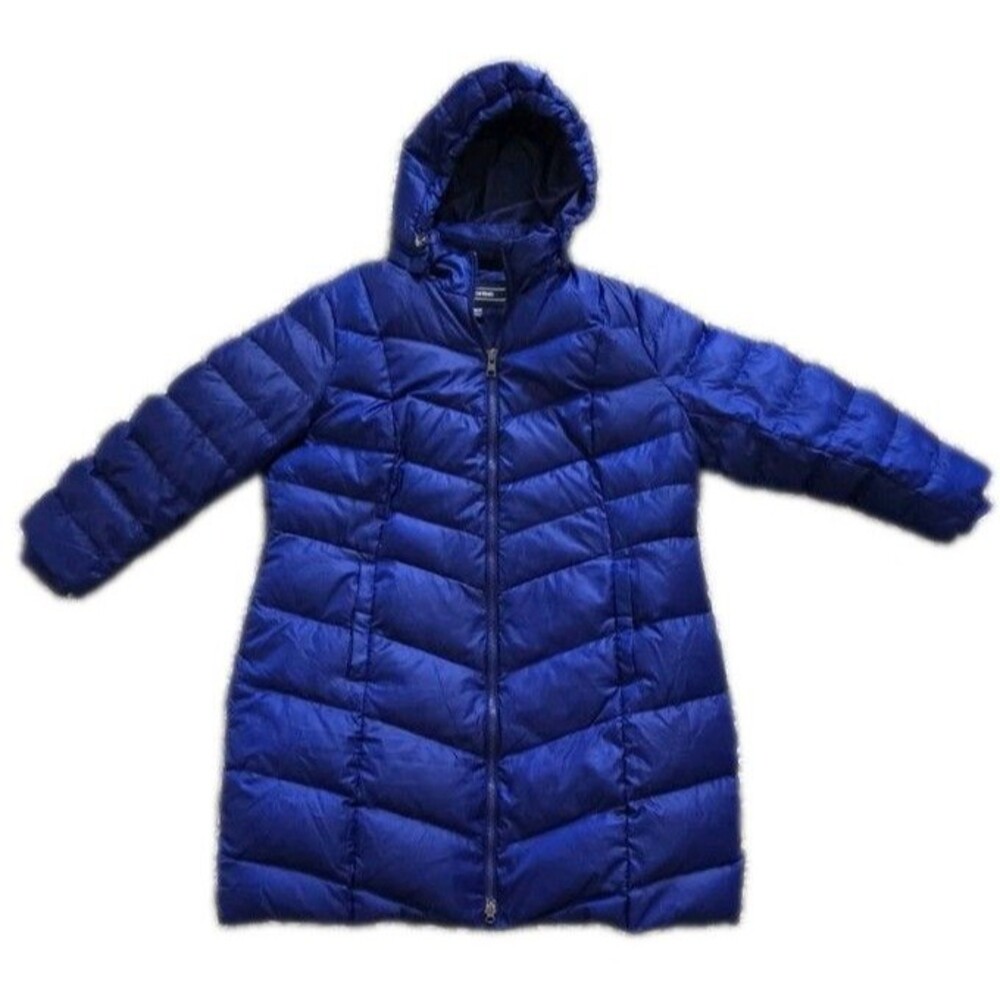 Lands End Down Puffer Jacket Womens 1X/P 16W-18W Blue Hooded Winter Coat